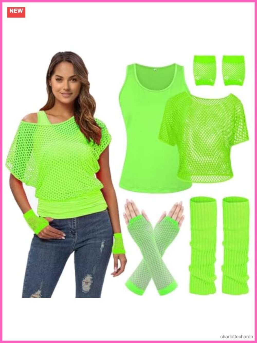 80s Neon Fishnet Off Shoulder Crop Top Costume 8 Piece Party Outfit